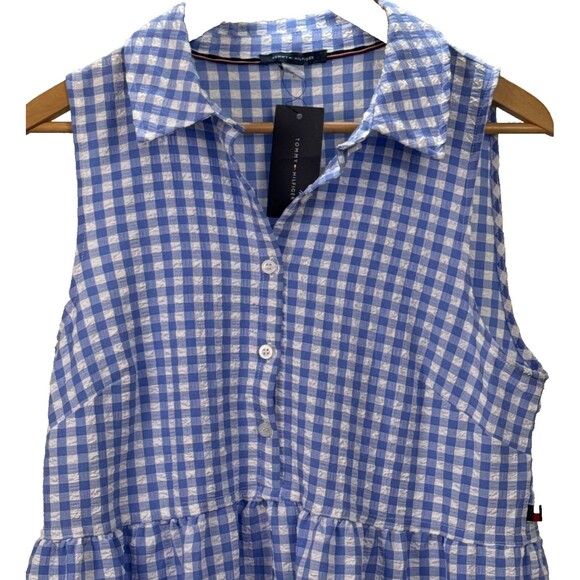Tommy Hilfiger NWT Dress 10 Sleeveless Tiered Ruffle Hem Blue Gingham Seersucker - Picture 3 of 6